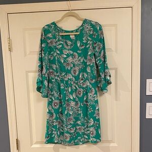 a new day Teal Floral V-Neck Mini Dress with Ruffled Sleeves